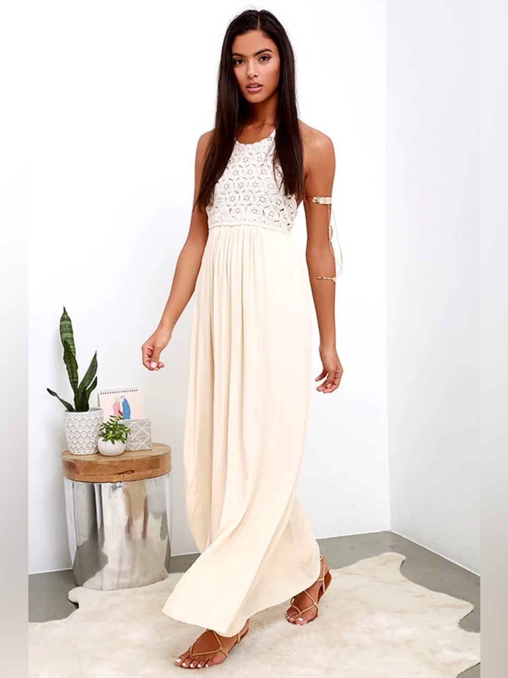 Lulu's Beyond Beautiful Beige Cream Crochet Bodice Maxi Dress